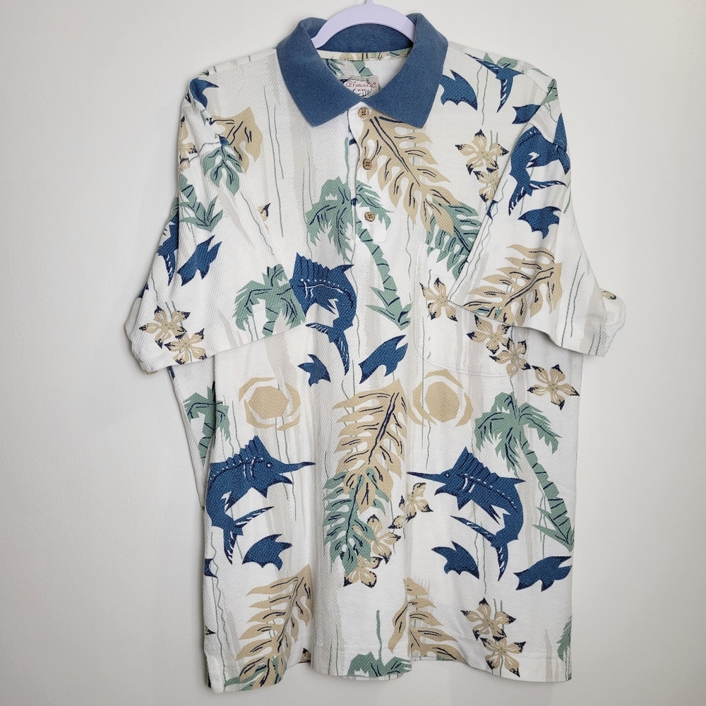 VTG Bluewater Wear Men's Shark Leaf Hawaiian Polo‎ Shirts Size M